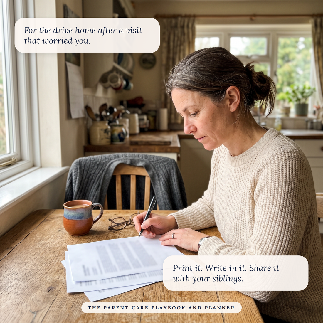 Filling in the planner at a kitchen table