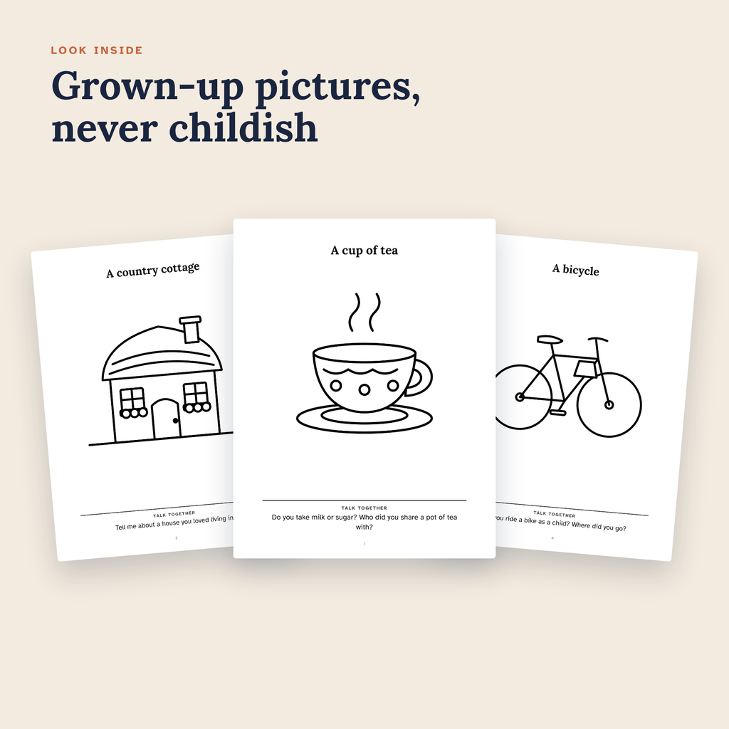 Inside pages of Calm Colouring: bold outlines, large spaces and a conversation prompt under each picture