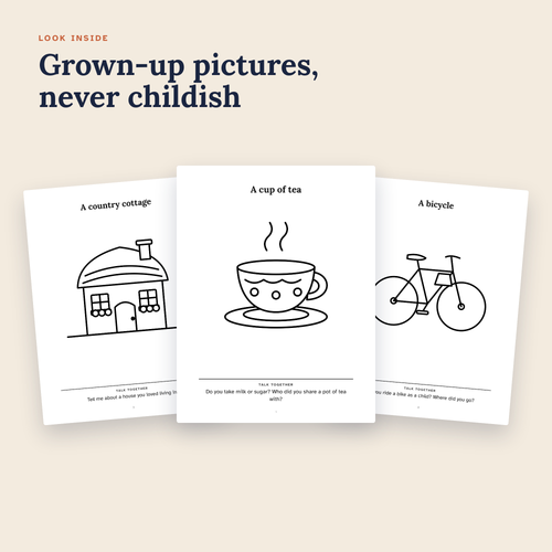 Inside pages of Calm Colouring: bold outlines, large spaces and a conversation prompt under each picture