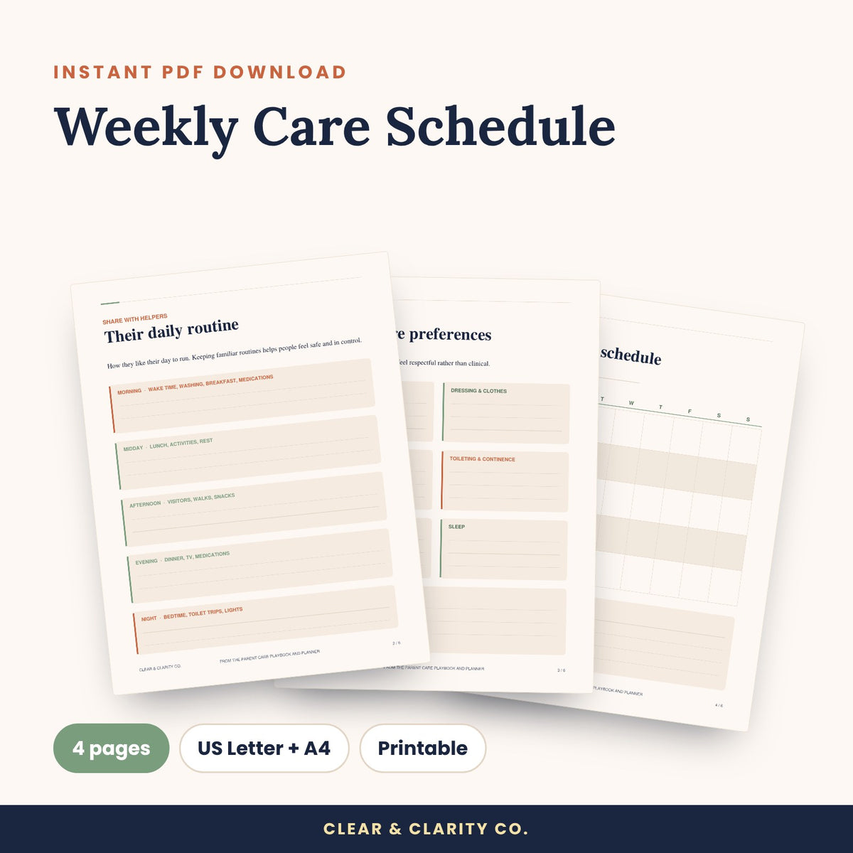 Weekly Care Schedule printable pages preview