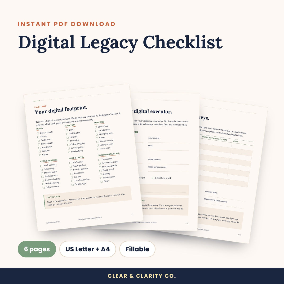 Digital Legacy Checklist fillable PDF pages preview