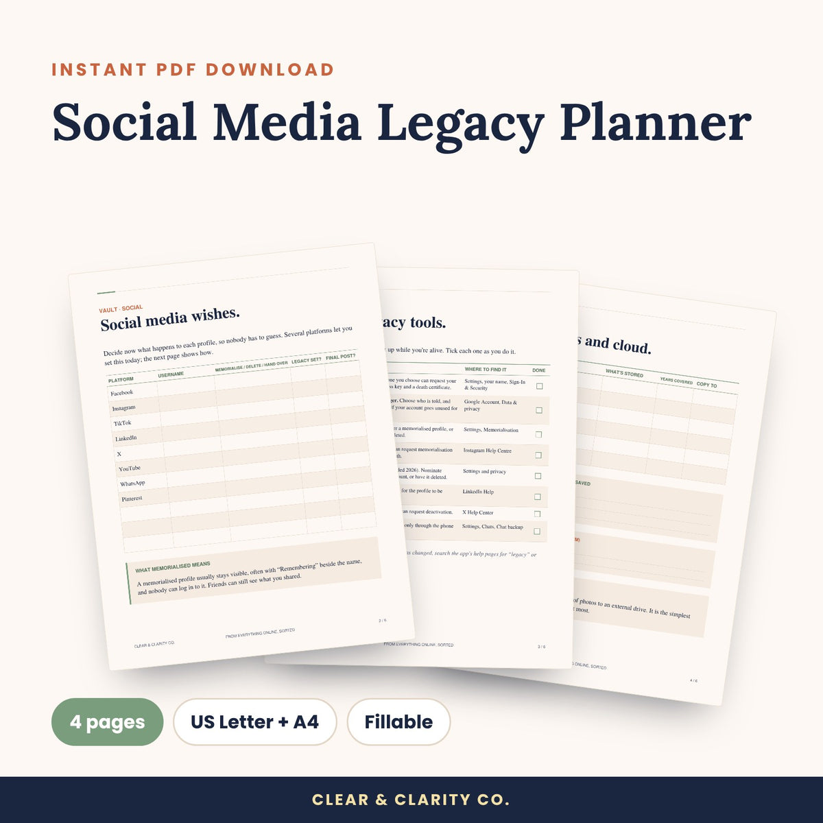Social Media Legacy Planner fillable PDF pages preview