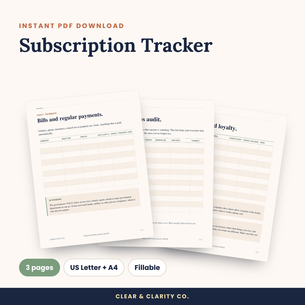 Subscription Tracker fillable PDF pages preview