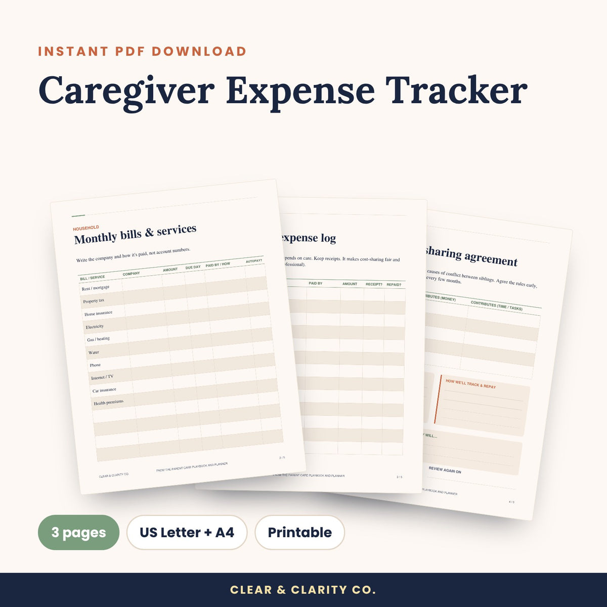 Caregiver Expense Tracker printable pages preview