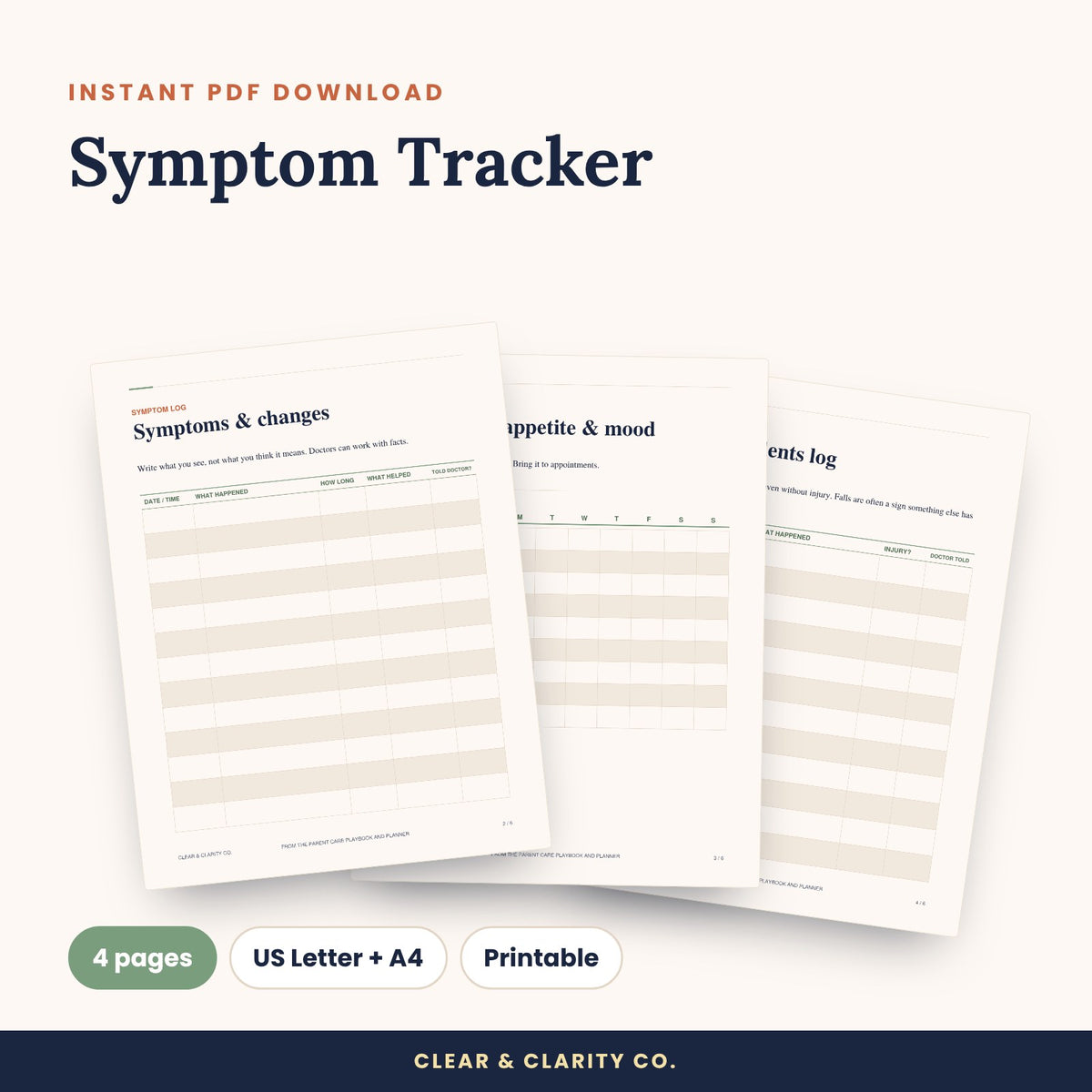 Symptom Tracker printable pages preview