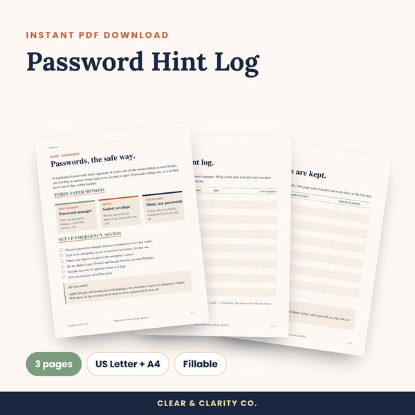 Password Hint Log (Fillable PDF)
