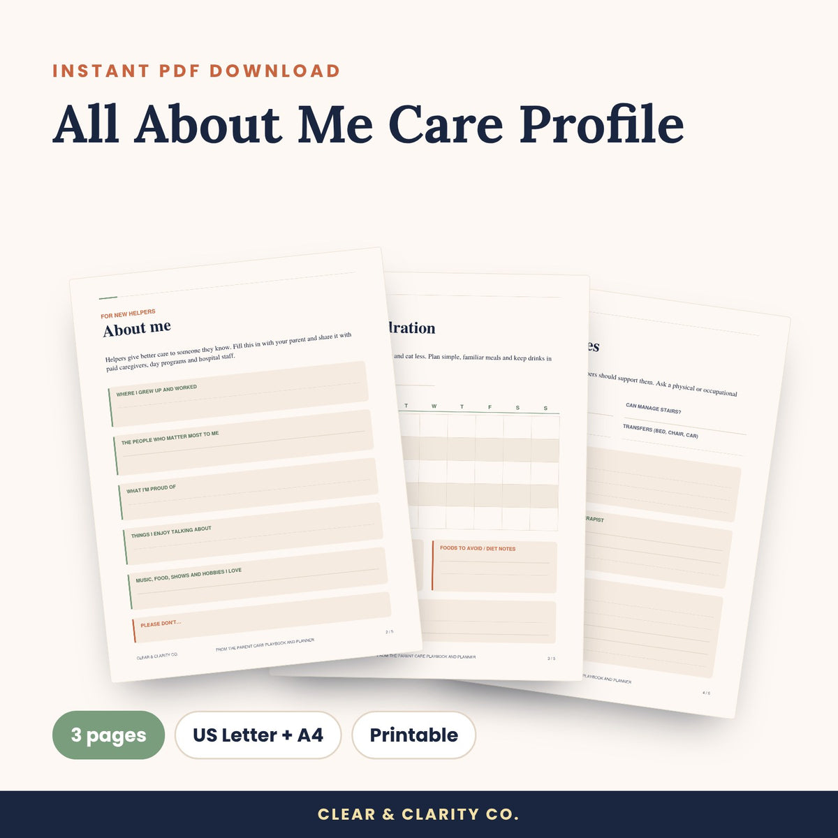 All About Me Care Profile printable pages preview