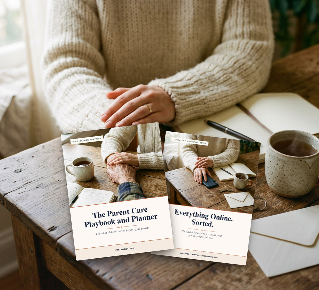 Organising family paperwork at a kitchen table